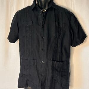 Mens Black Guayabera Shirt Embroidered Short Sleeve Button Up Cuban Casual